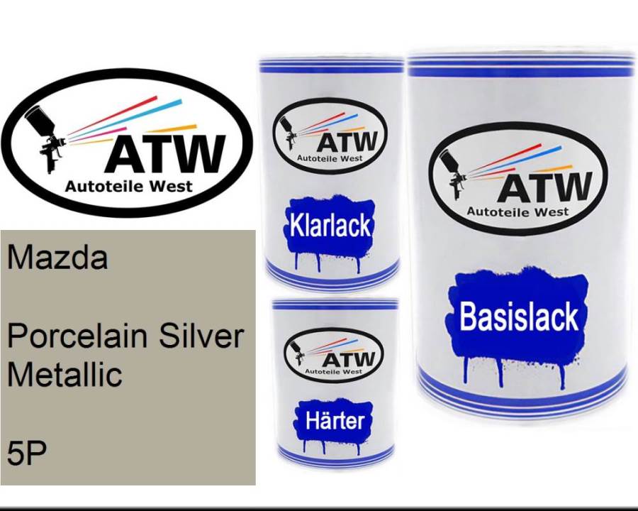 Mazda, Porcelain Silver Metallic, 5P: 500ml Lackdose + 500ml Klarlack + 250ml Härter - Set, von ATW Autoteile West.